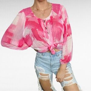 Avenue | Pink & White Brushstroke Lightweight Semi-Sheer Breezy Plus Size Blouse